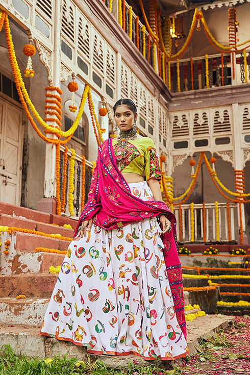 Shubhkala White Maslin Cotton Digital Printed Navratri Lehenga